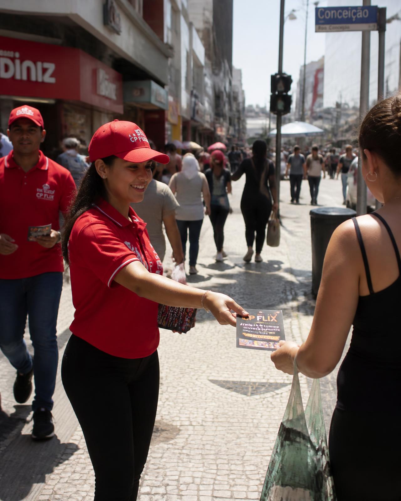 Equipe da Stop Panfletos distribuindo panfletos em rua movimentada de Campinas